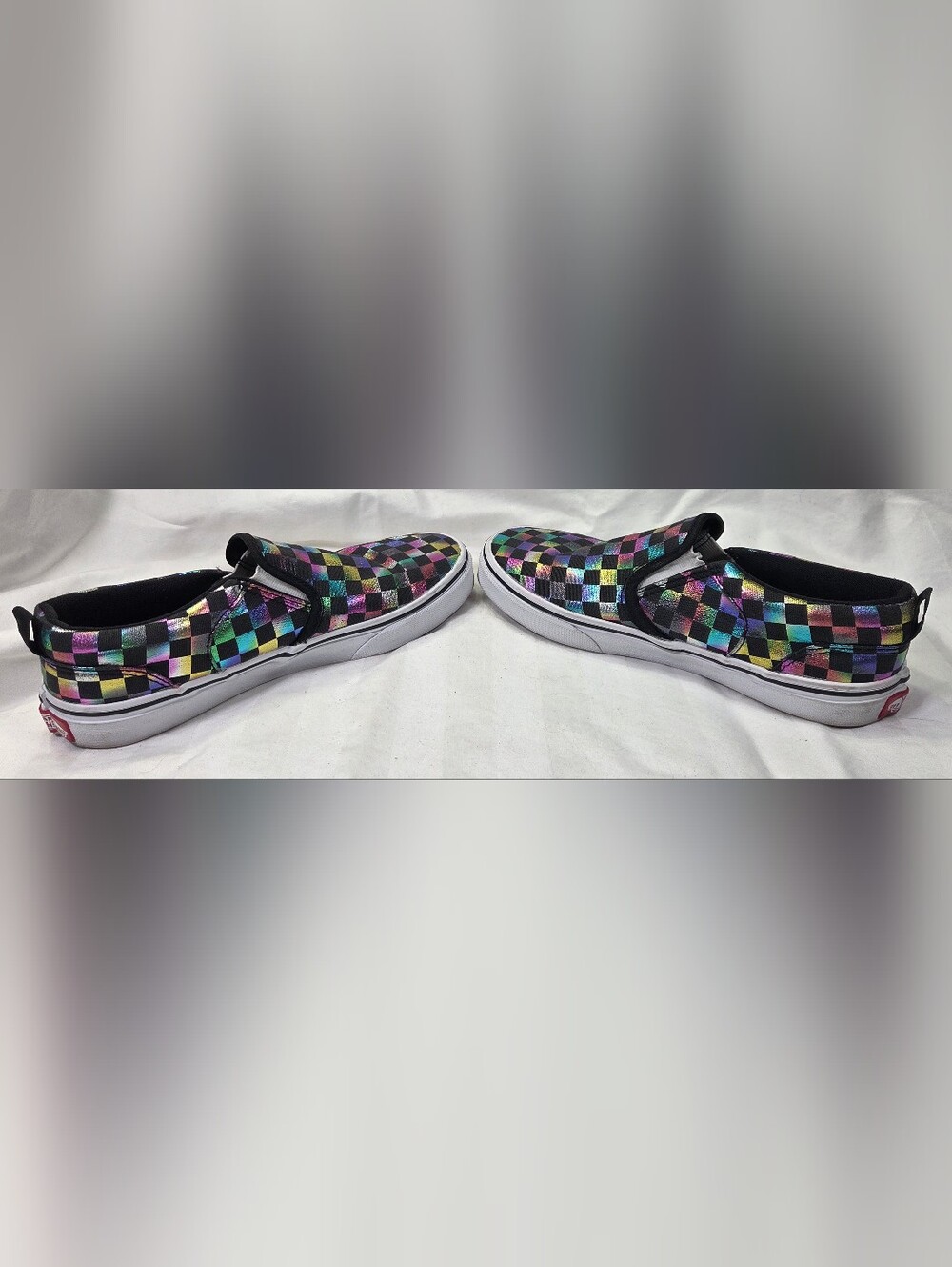 Vans Kids Slip-On Sneakers Black with Iridescent Rainbow Checkerboard Girl Sz 4 - Picture 8 of 12